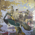 "Eau de la Haut " technique mixte collage/peinture sur miroir (Détail)